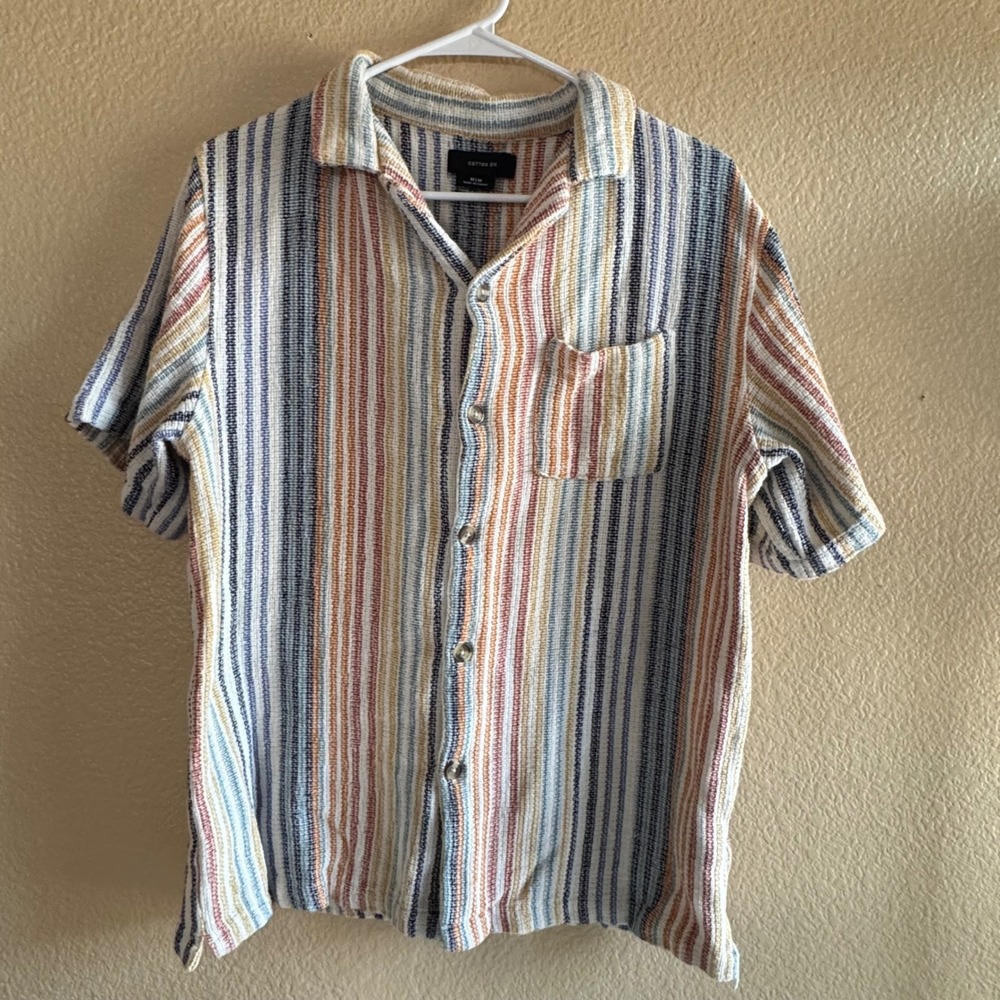Cotton On Mens Medium Multi Color Striped Woven Cotton Short Sleeve Camp Shirt